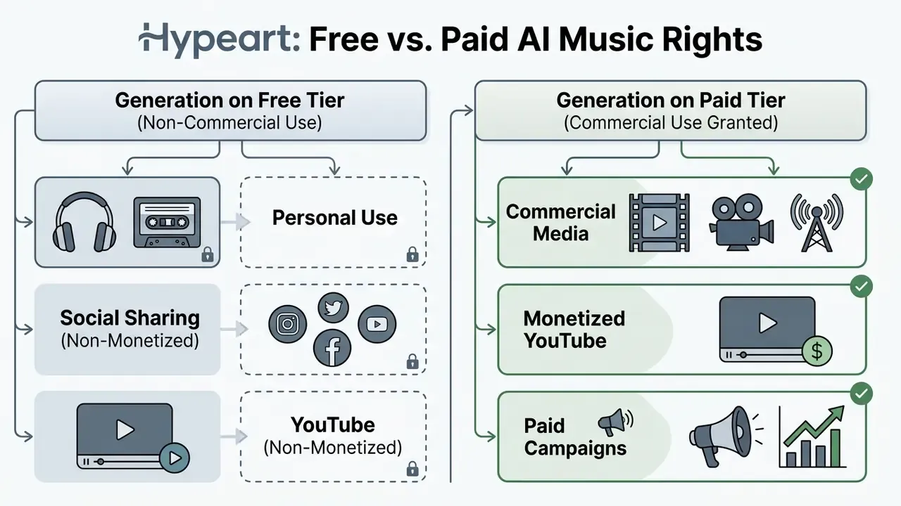 Comparison chart showing usage rights for free versus paid tiers of AI-generated audio content