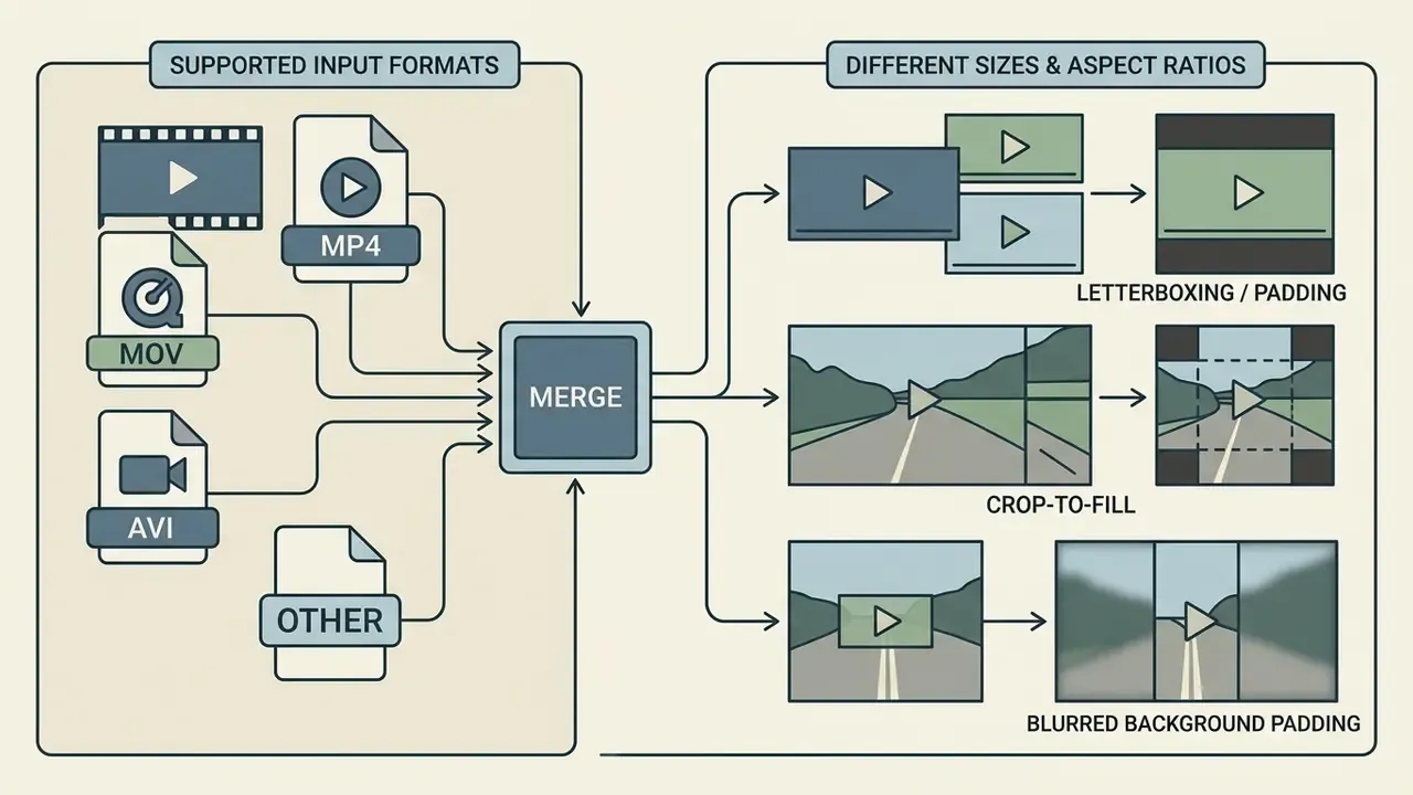 Diagram showing how to merge video online by handling different file formats and aspect ratio adjustments