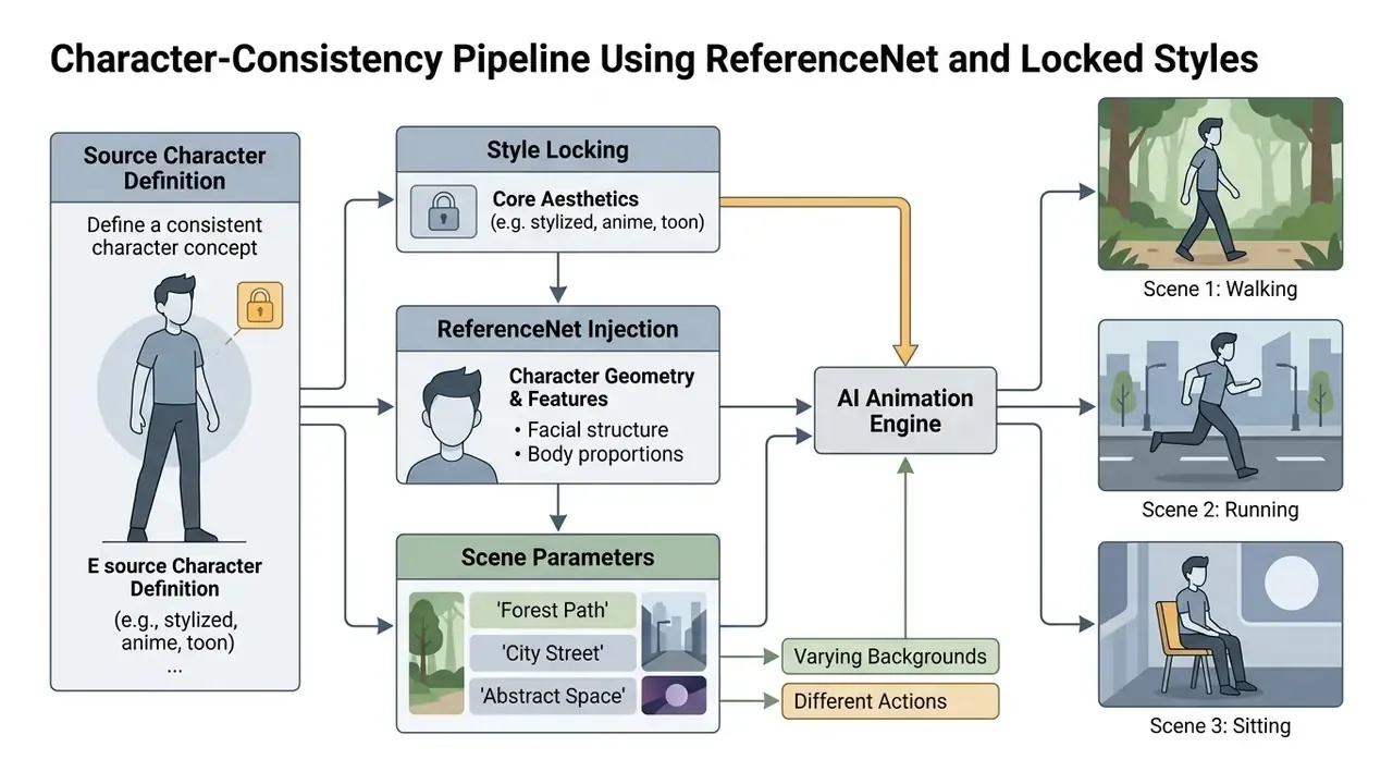 Process map showing how ReferenceNet and style locking maintain character consistency in AI animation