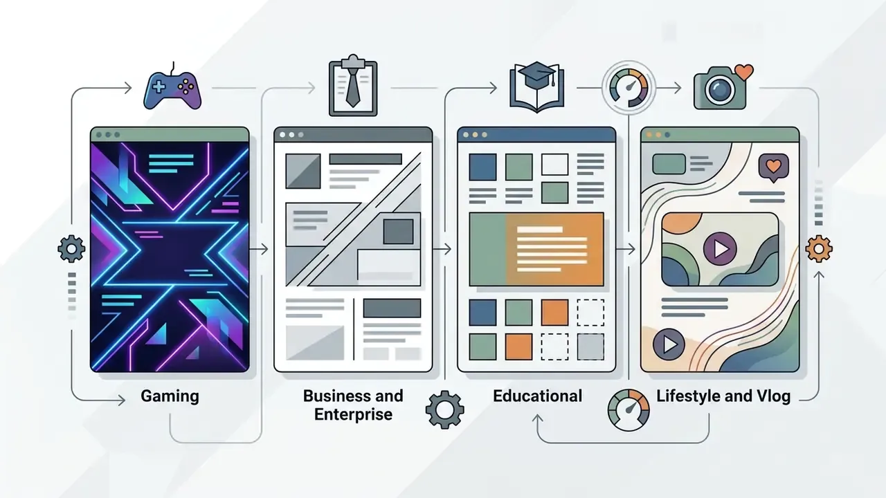 Four distinct YouTube banner templates categorized by niche with corresponding thematic icons