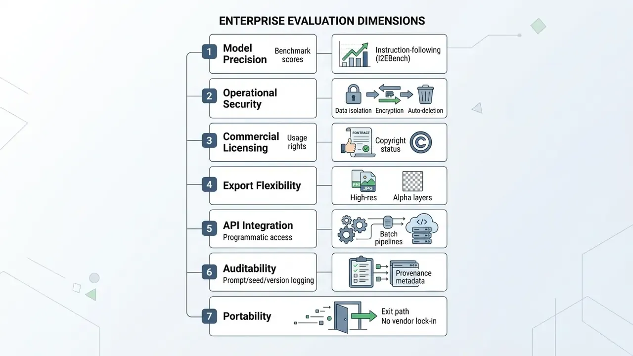 List of seven enterprise evaluation dimensions for software selection with corresponding icon graphics