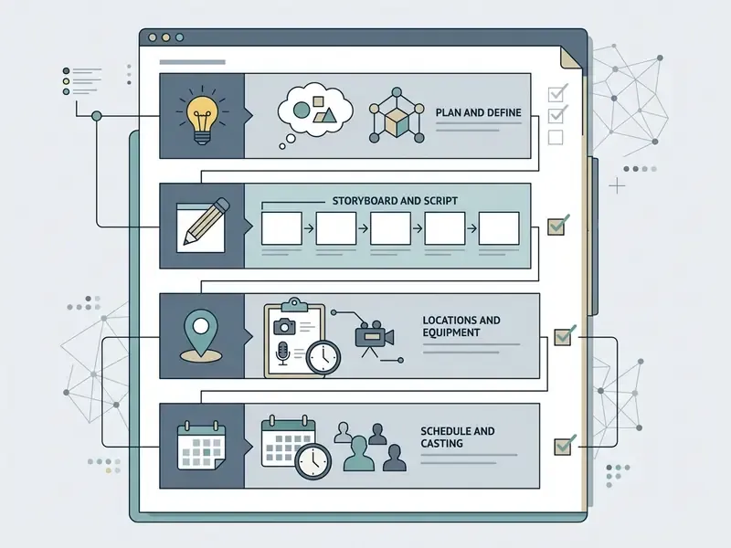 Four-step checklist for video production covering planning, storyboarding, equipment, and scheduling