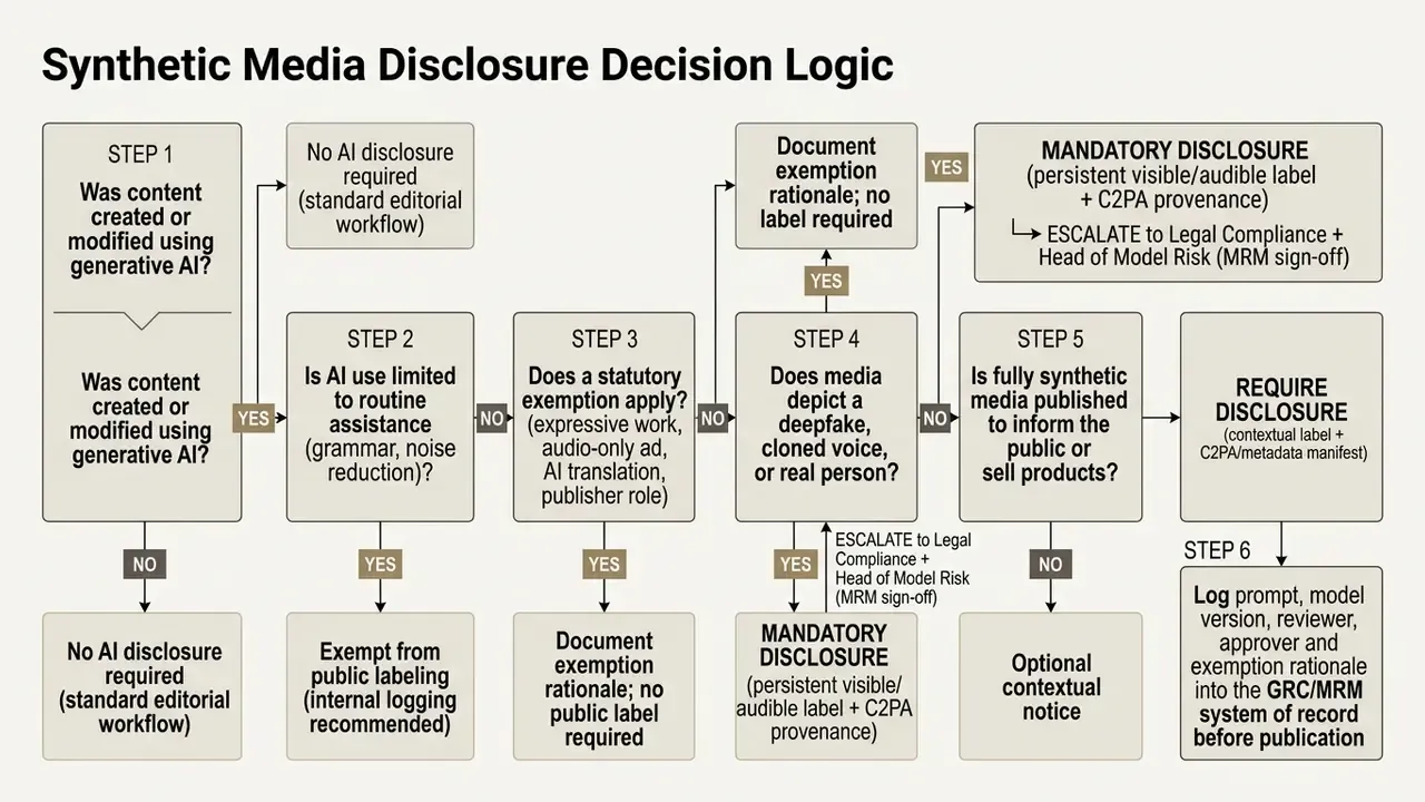 Sequential decision steps for determining synthetic media disclosure requirements using generative AI