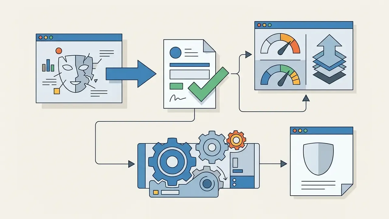 Mask icon leading to a checked document that triggers risk gauges and a gear system for security