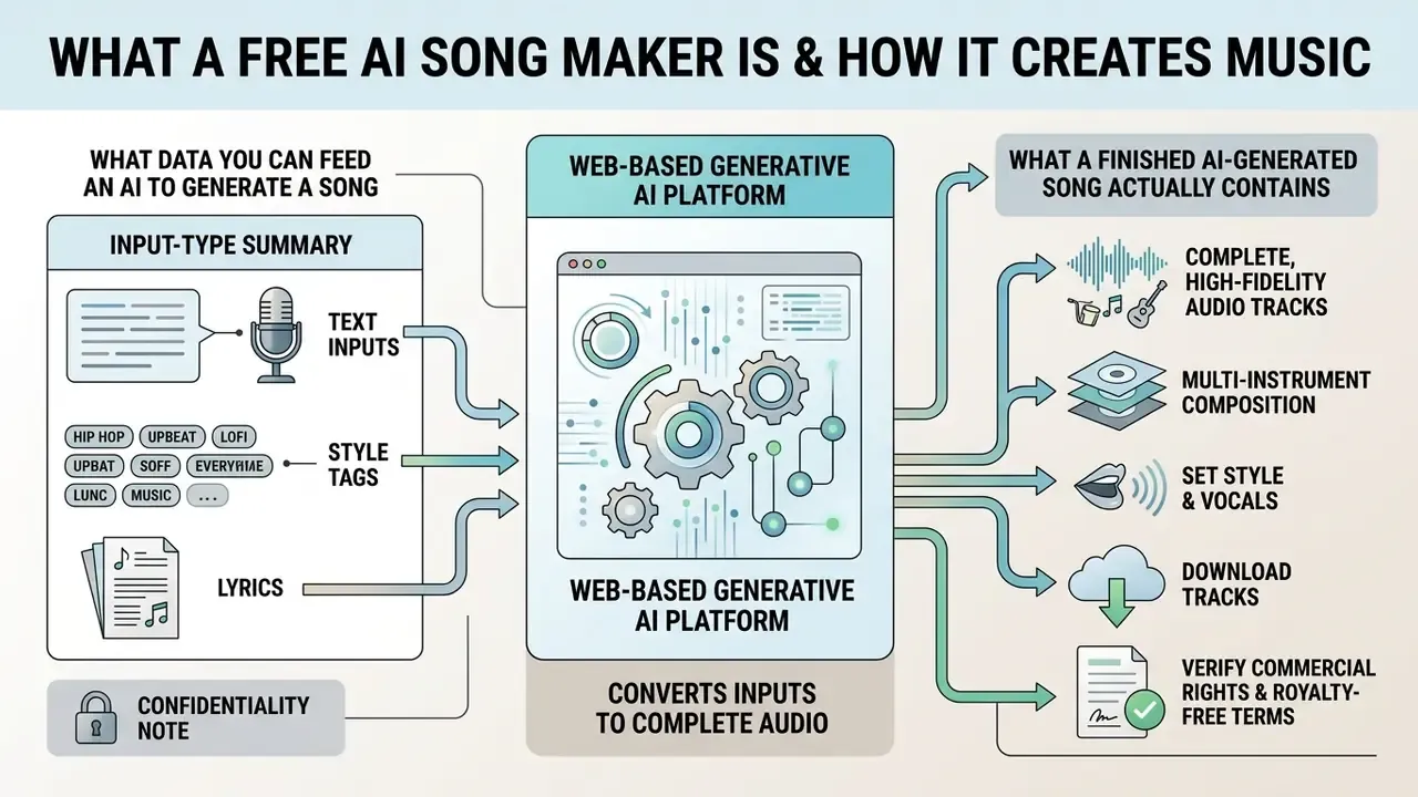 Infographic showing how a free AI song maker processes text, style tags, and lyrics into audio tracks