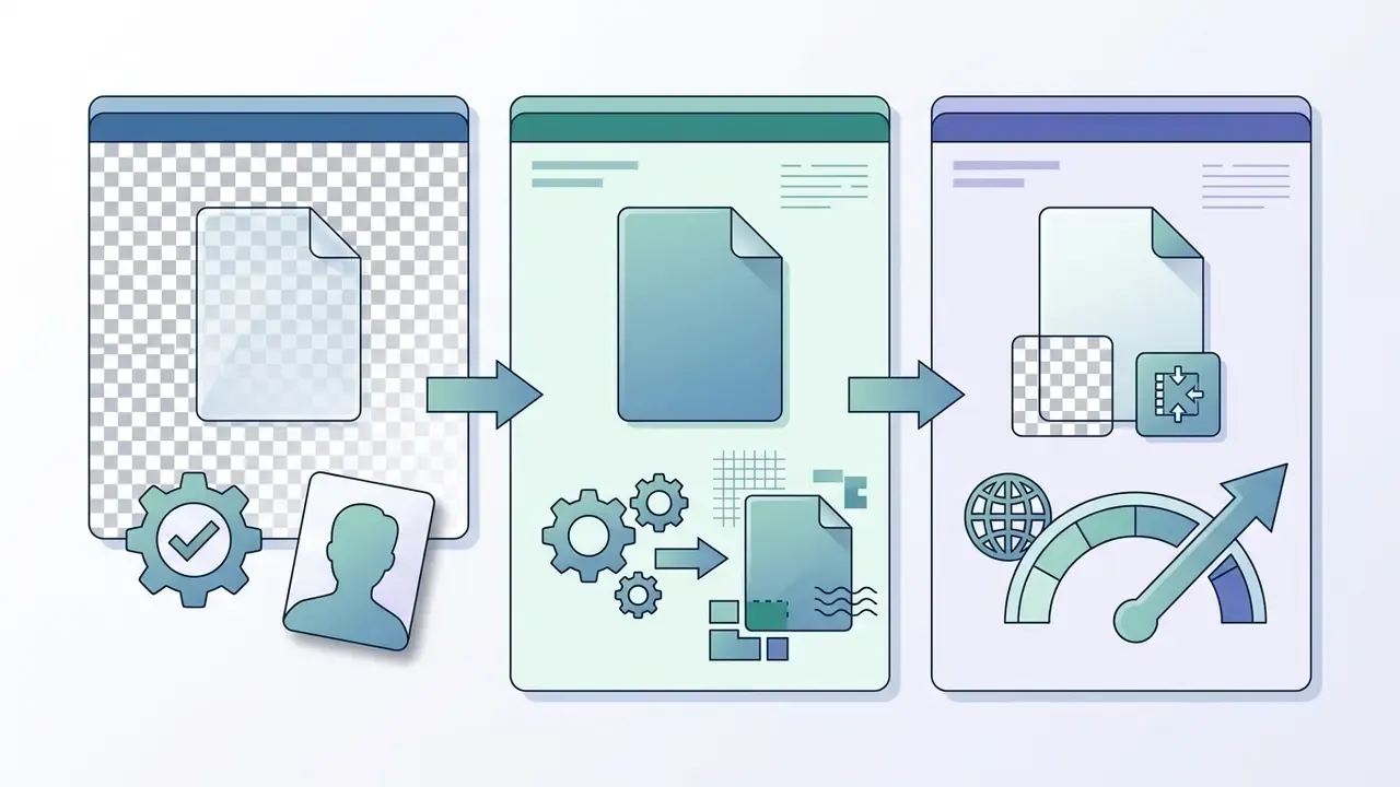 Three panels showing file conversion steps with document icons, gear mechanisms, and web optimization gauges