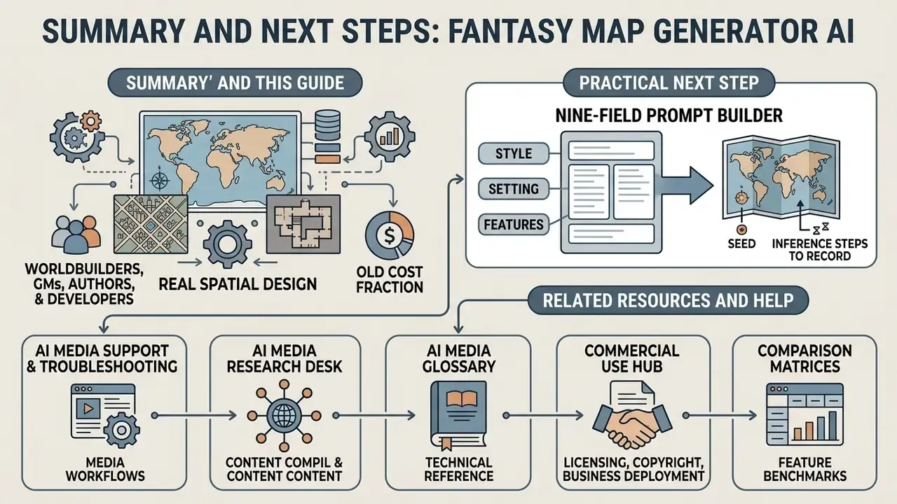 Infographic showing a nine-field prompt builder process alongside support and research resources