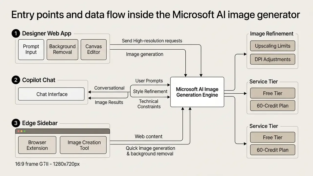Flowchart mapping input sources like Copilot and Edge to the central Microsoft AI image generation engine