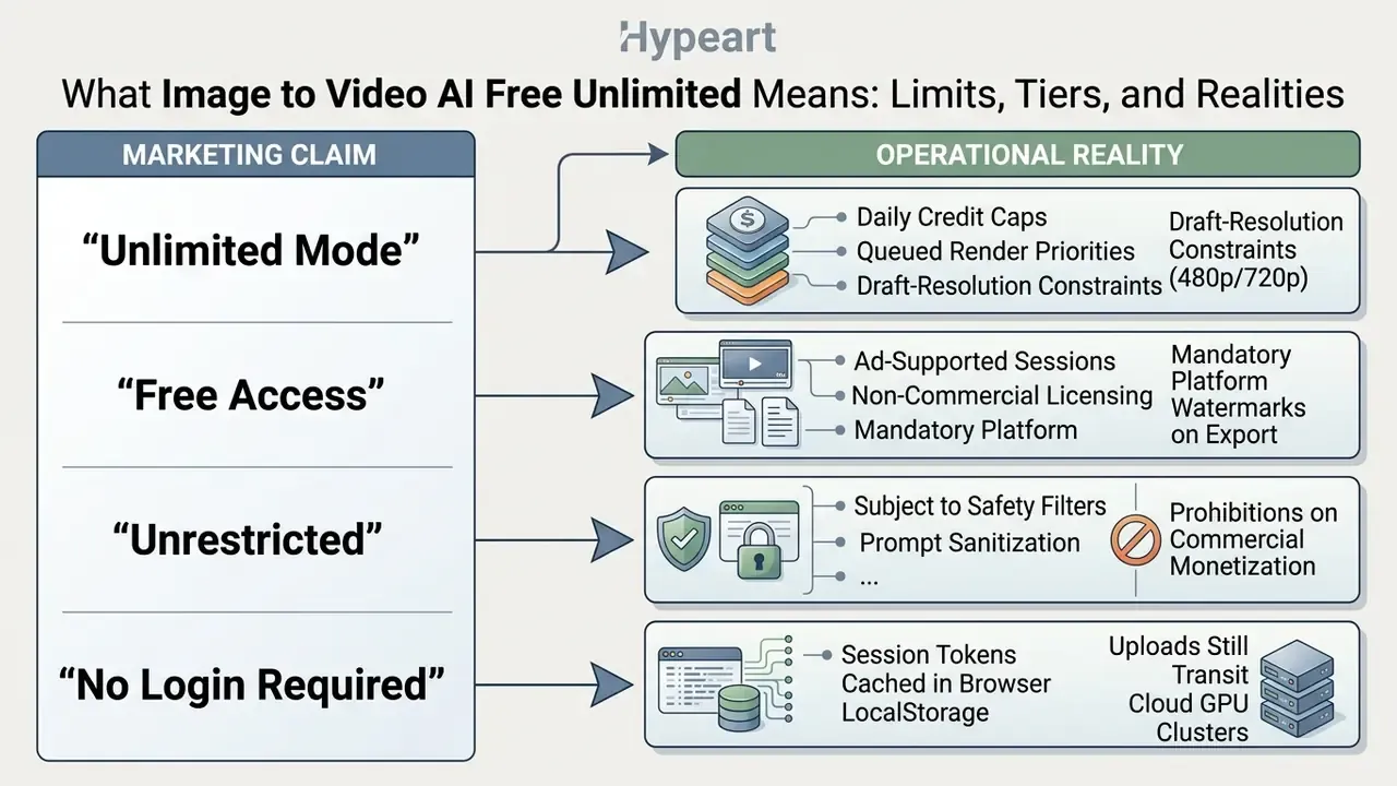 Comparison chart contrasting marketing claims for AI video tools with their actual operational constraints