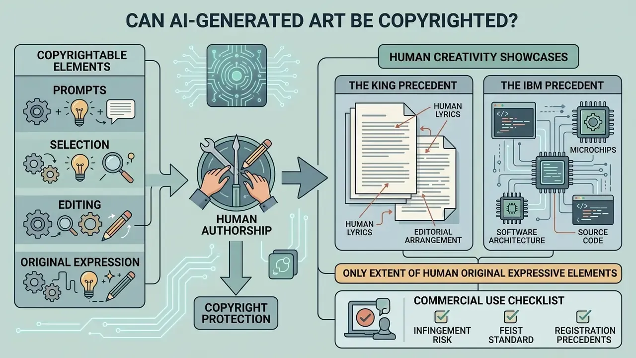 Diagram showing how human authorship and creative choices determine copyright eligibility for AI works