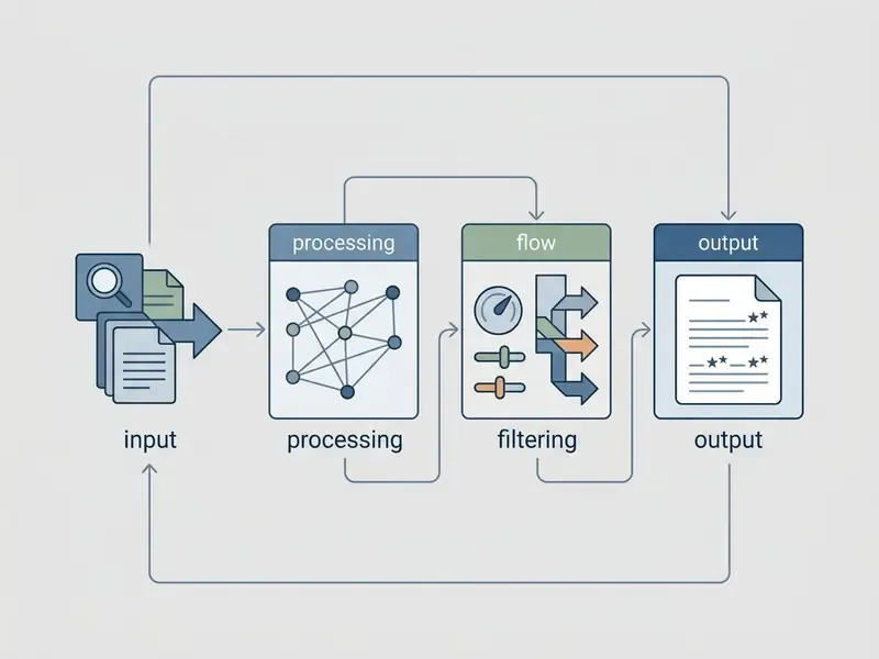 Four-step process diagram showing document input, data processing, flow filtering, and final text output