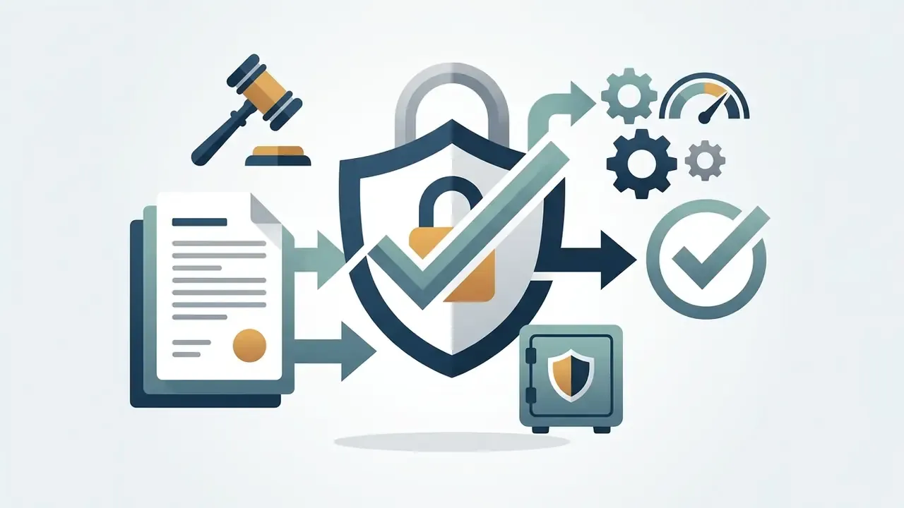 Legal document and gavel icons connecting to a shield with a checkmark and a safe for data protection