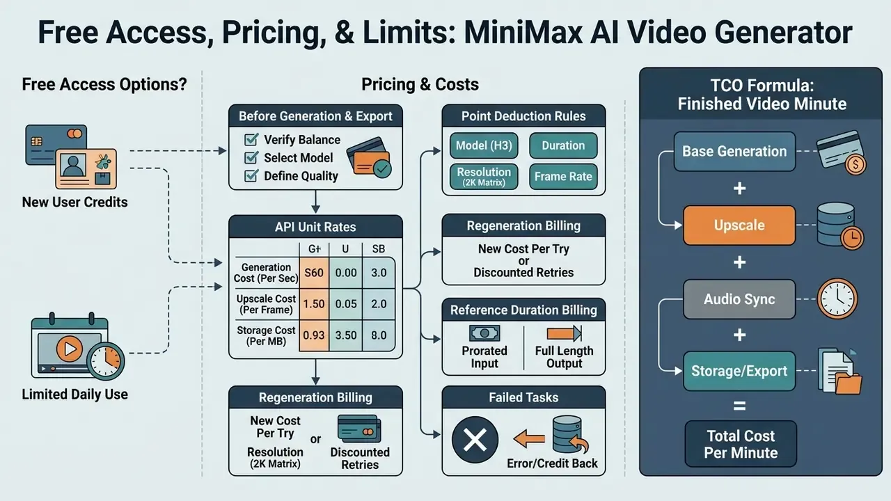 Infographic summarizing MiniMax AI video generator pricing, credit deduction rules, and total cost formulas