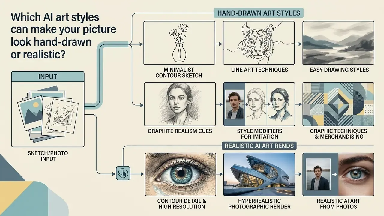 Flowchart showing how AI models transform sketches and photos into hand-drawn or realistic art styles