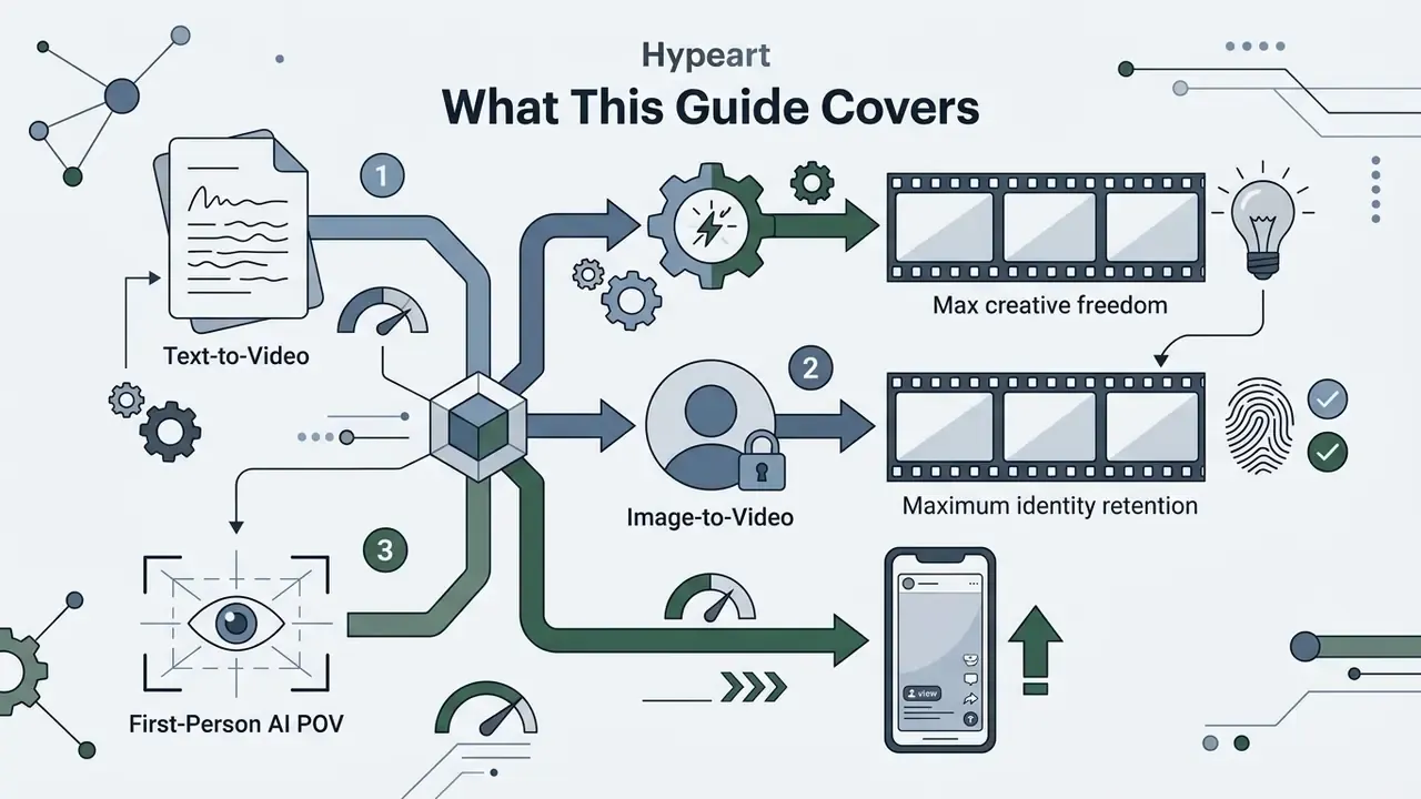 Visual pathways connecting text, image, and POV inputs to distinct video generation outputs