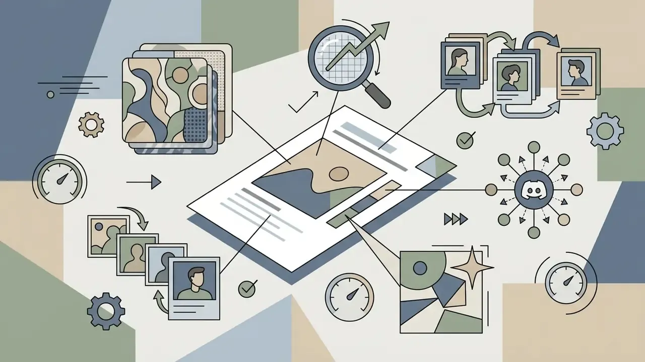 Visual representation of AI image generation features including reference tools and community interaction