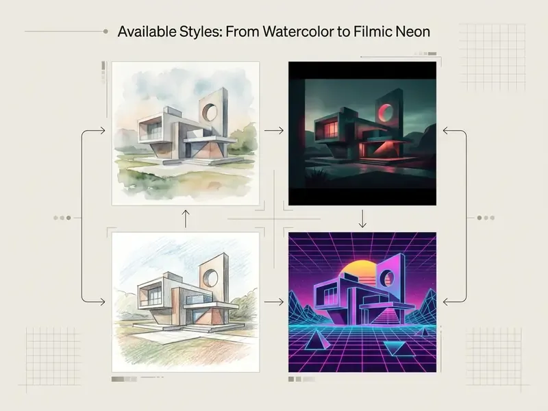 Four variations of a modern house design rendered in watercolor, filmic neon, color pencil, and retrowave