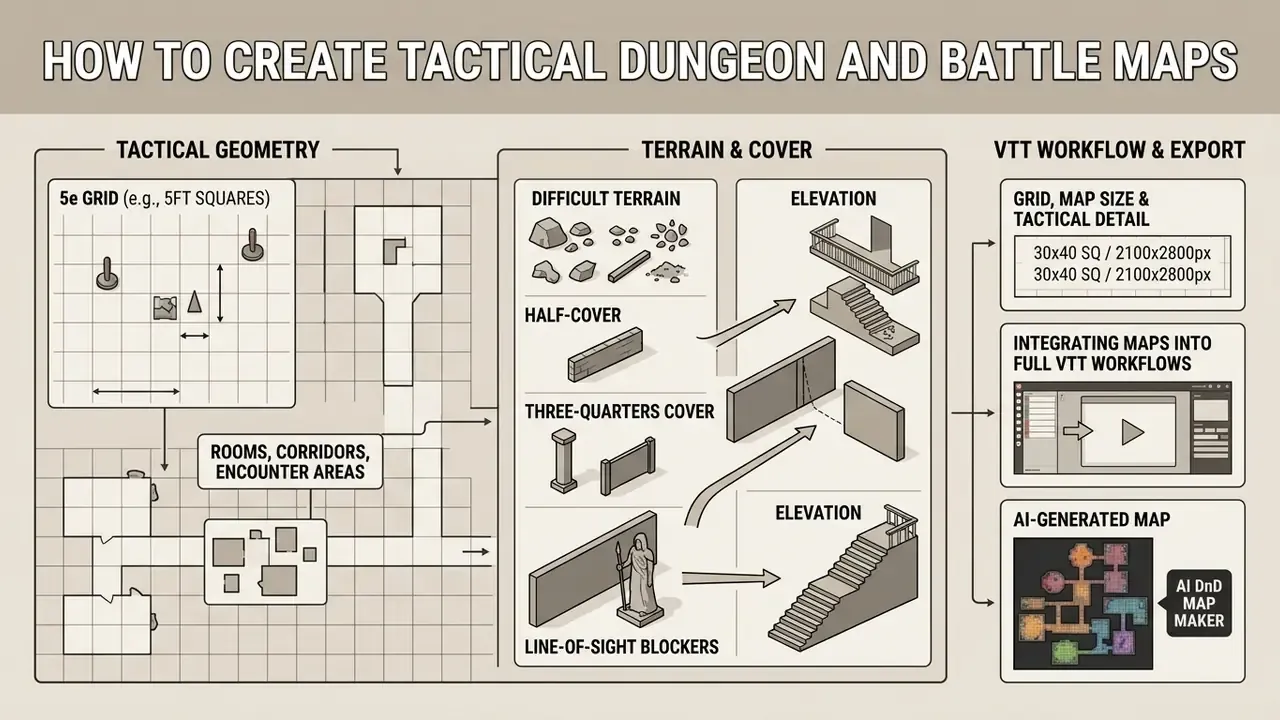 Infographic detailing tactical geometry, terrain features, and VTT workflows for an AI DnD map maker