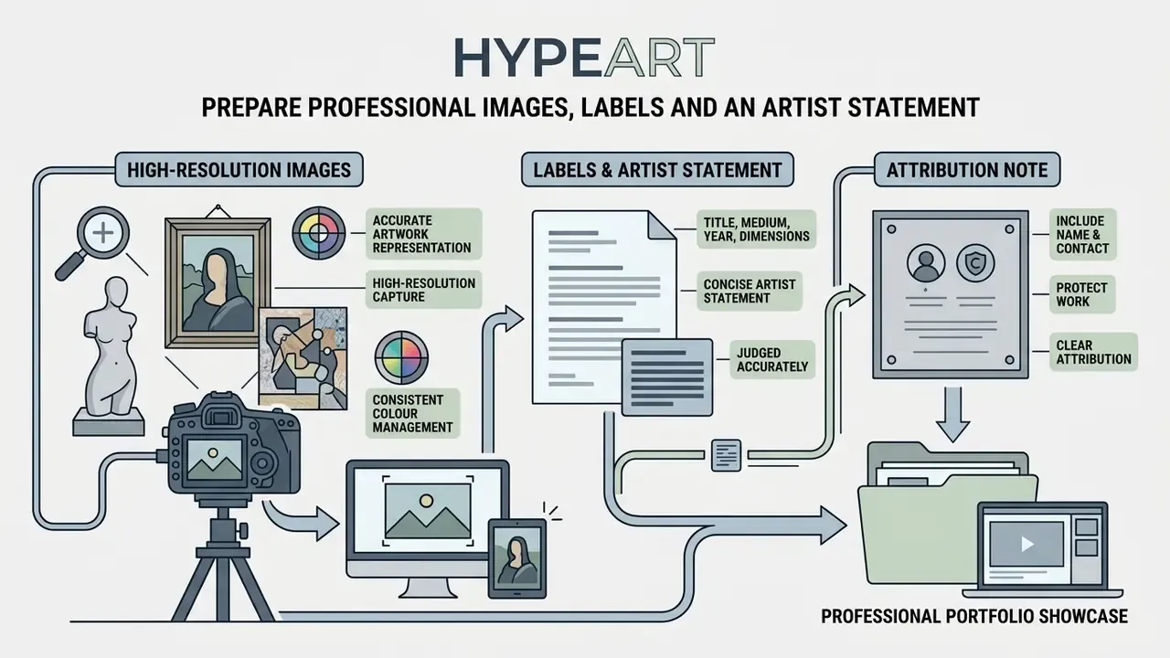 Steps for high-resolution photography, writing labels, and attribution for an art portfolio