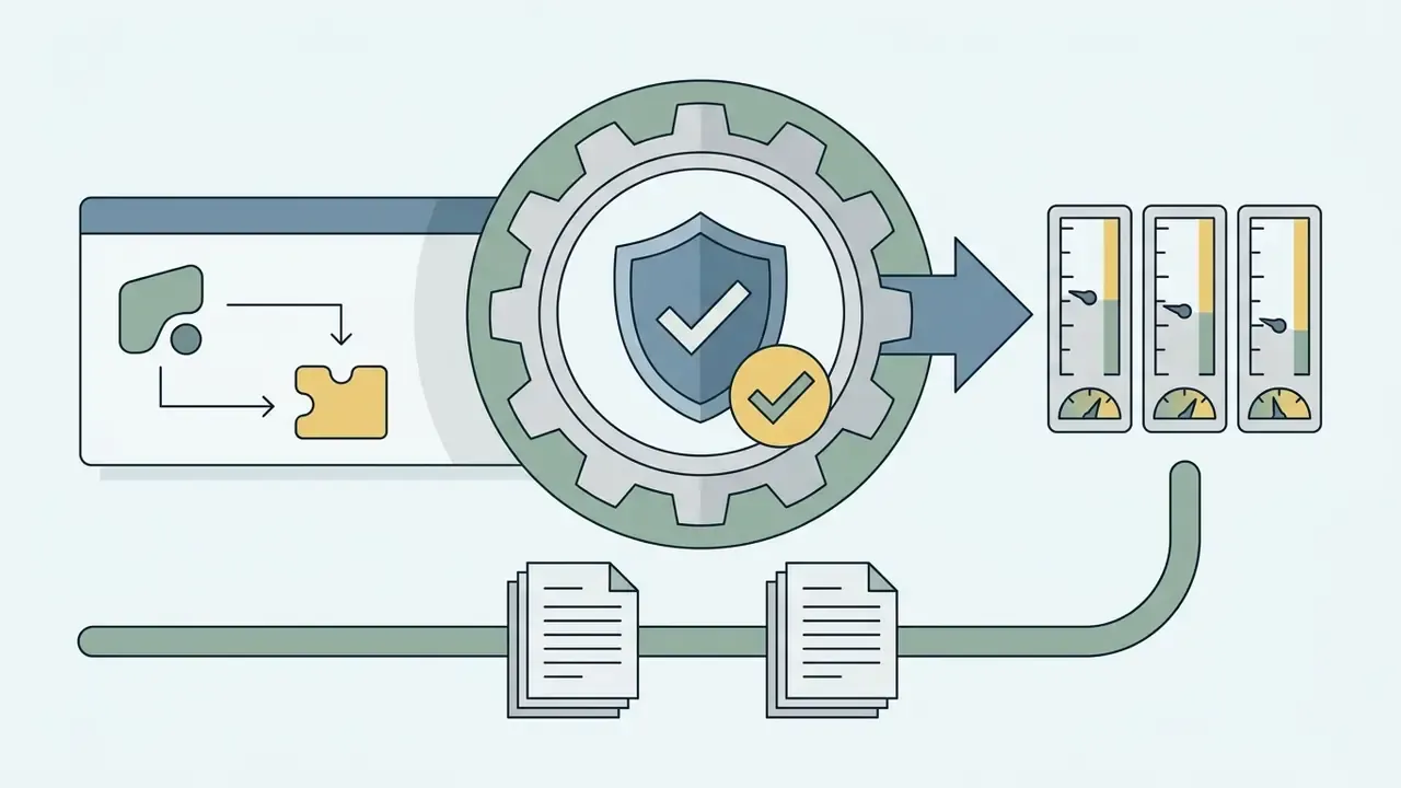 Gear icon with a shield symbol processing data into three gauges and document files