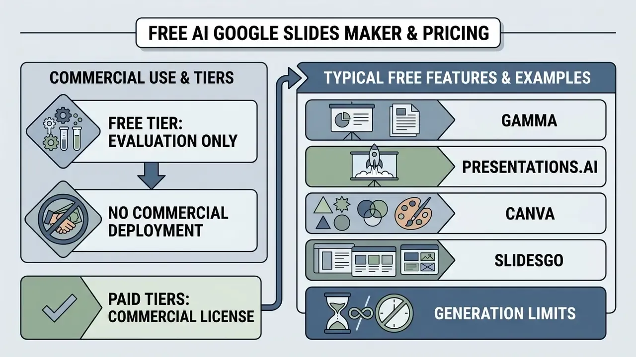 Comparison of free evaluation tiers versus paid commercial licenses and examples of presentation tools