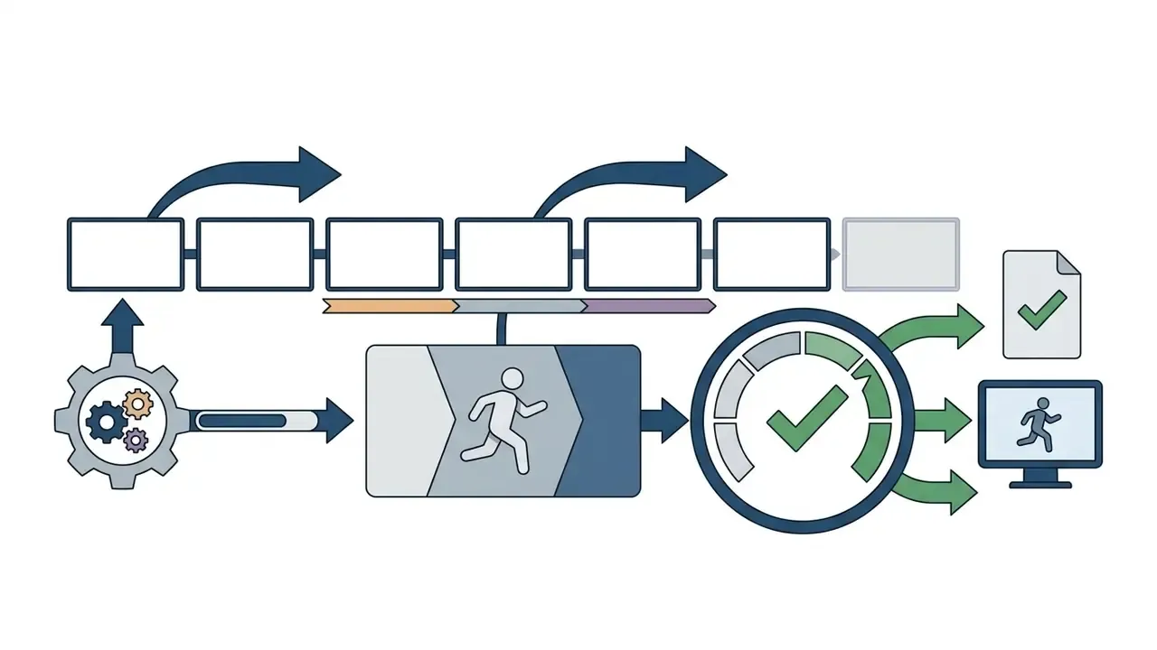 Sequence of frames showing a character moving through a validation gauge to a final output screen