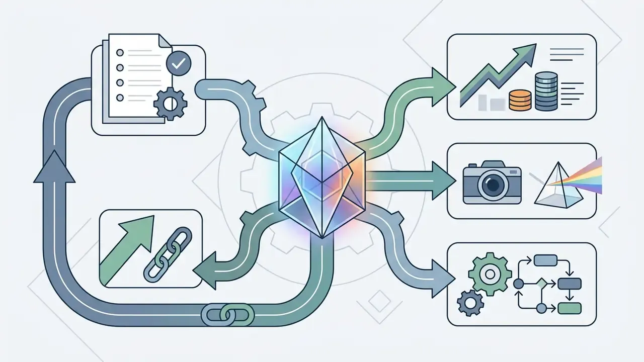Geometric prism core connecting input icons to output panels showing financial, visual, and process data