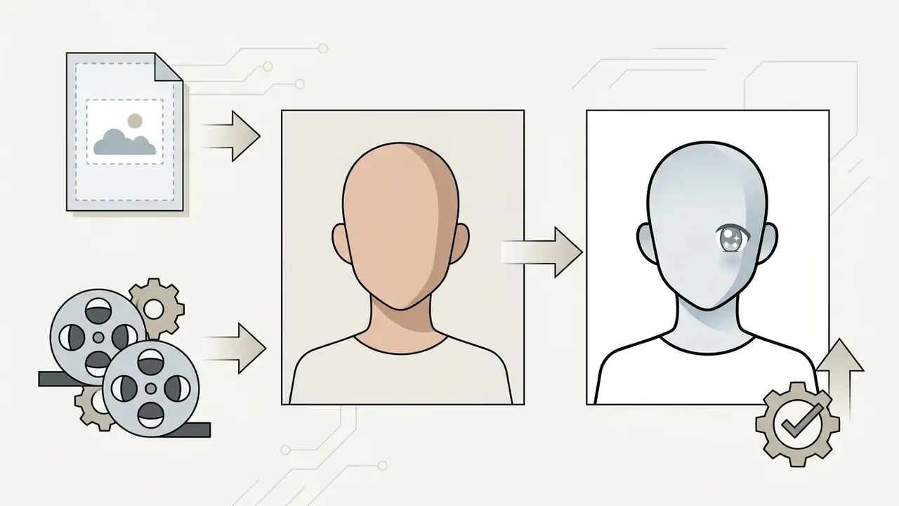 Process flow showing a portrait being converted into a stylized anime character with large eye highlights