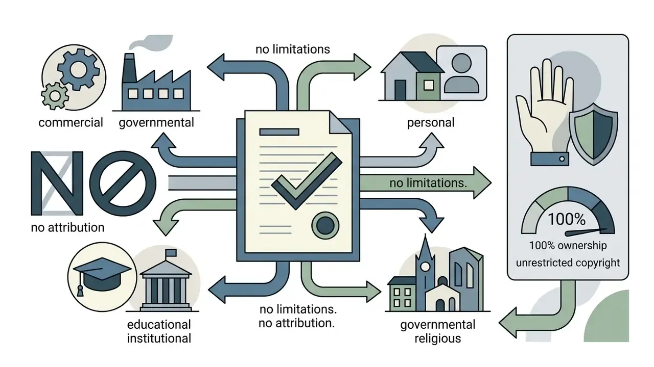 Document with checkmark showing unrestricted usage rights for commercial, personal, and institutional purposes