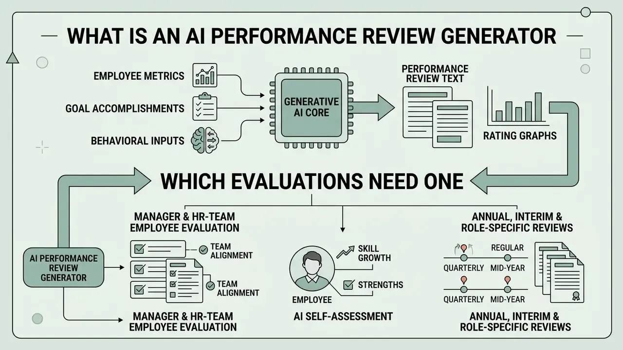 Diagram showing how data inputs process through generative AI to create reviews for various evaluations