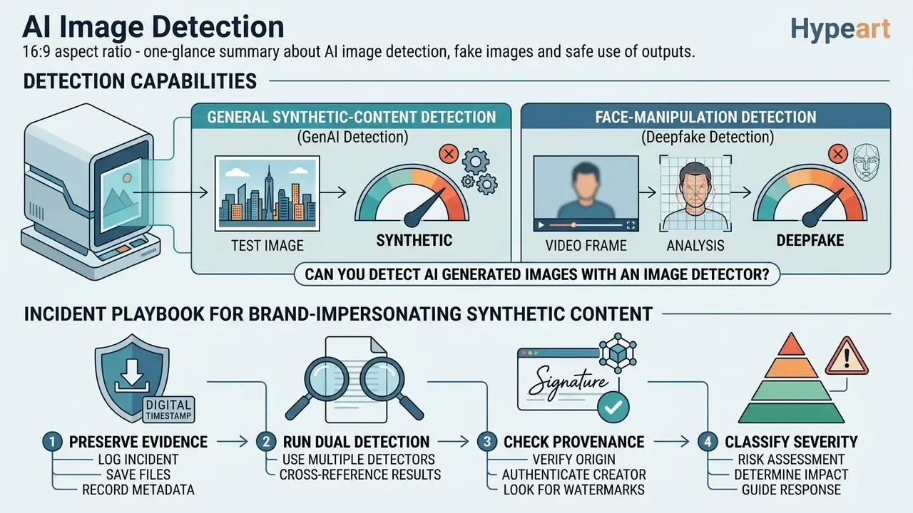 Infographic showing synthetic content detection methods and a four-step incident response playbook