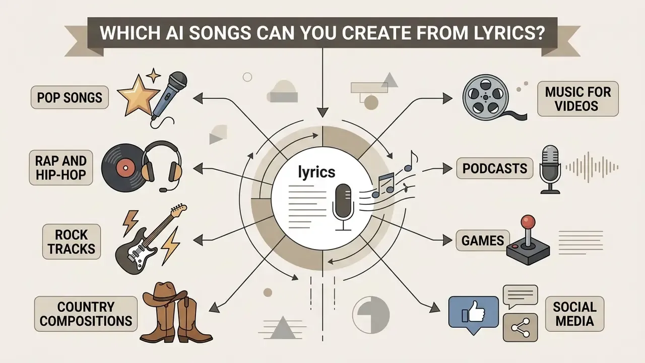 Infographic showing various musical genres and media formats generated from lyrics by an AI tool