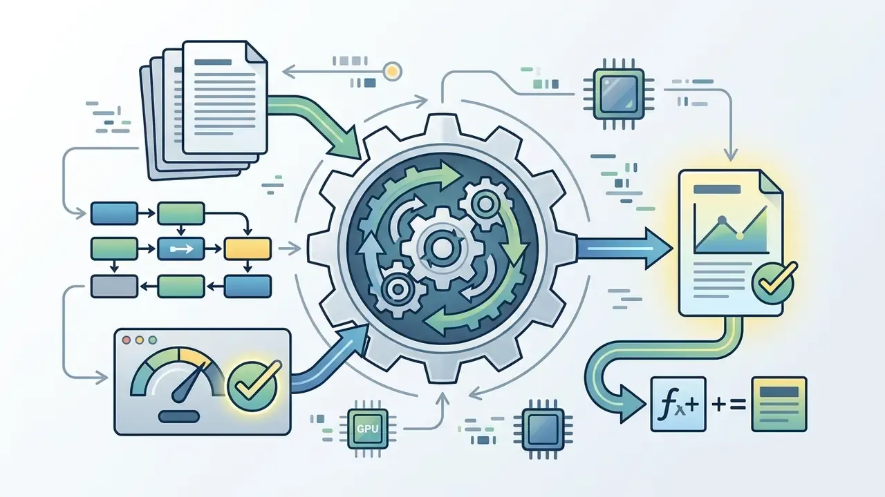 Central gear mechanism processing documents and data metrics into verified analytical output reports