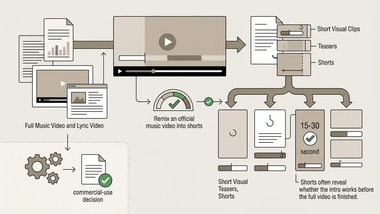 Process of remixing full music videos into short visual clips and teasers for hook validation