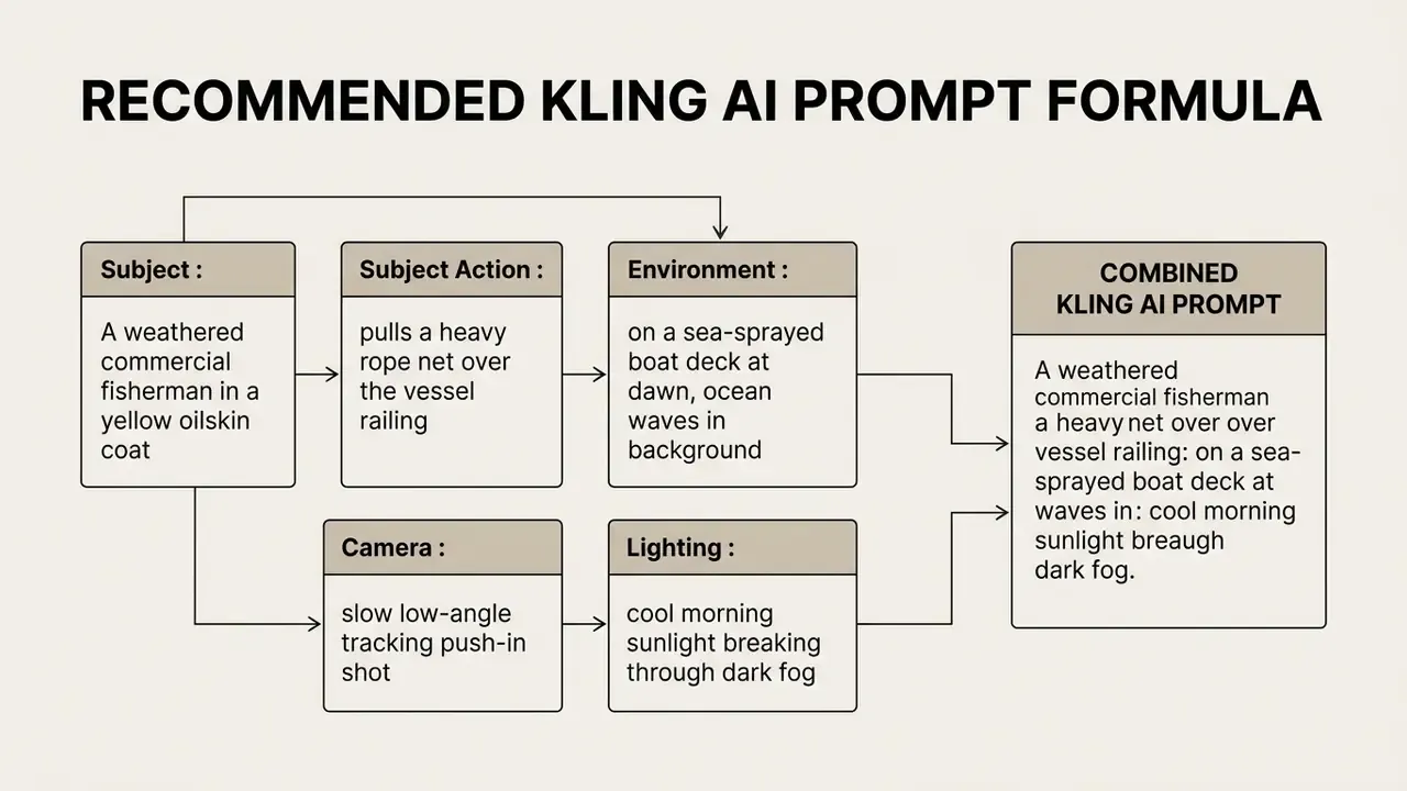 Flowchart showing how subject, action, environment, camera, and lighting inputs combine into one prompt