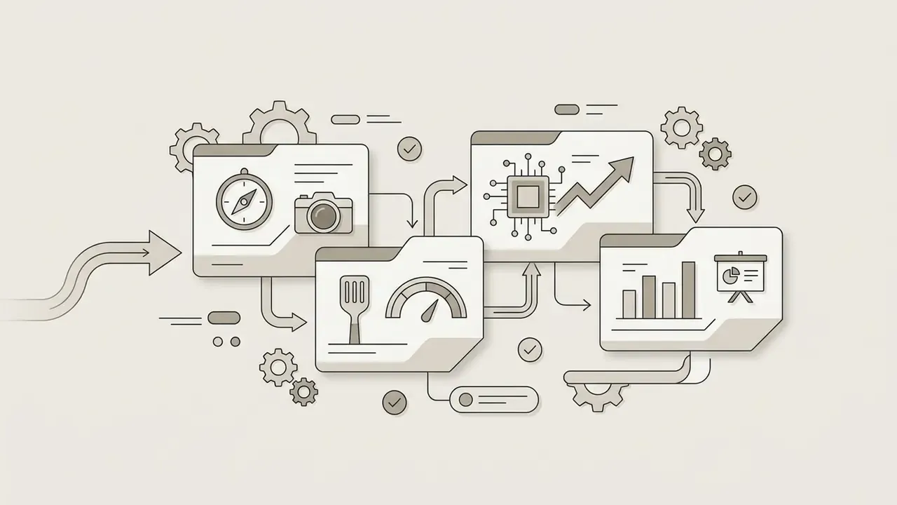 Linked folders showing icons for navigation, camera, performance gauges, microchips, and data charts