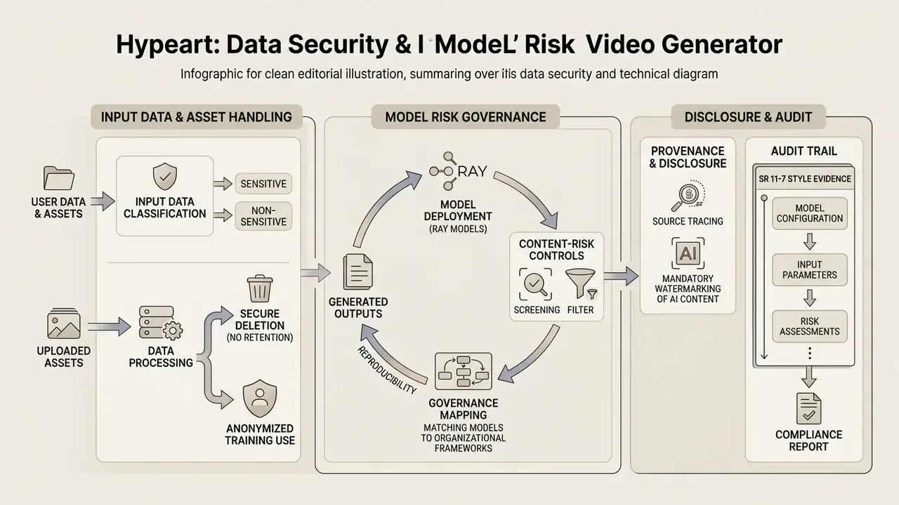 Process flowchart detailing data security, model risk governance, and audit trails for AI asset handling