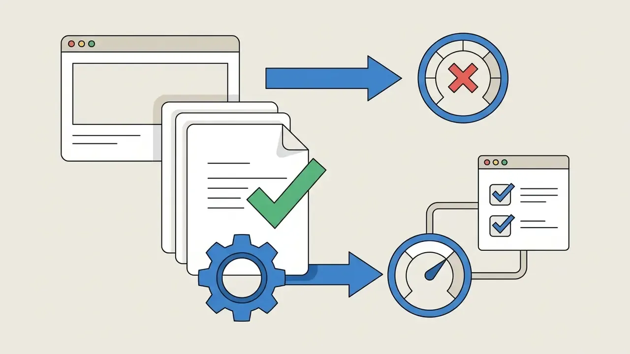 Comparison of documents with a green checkmark versus browser windows with a red cross and speed gauge