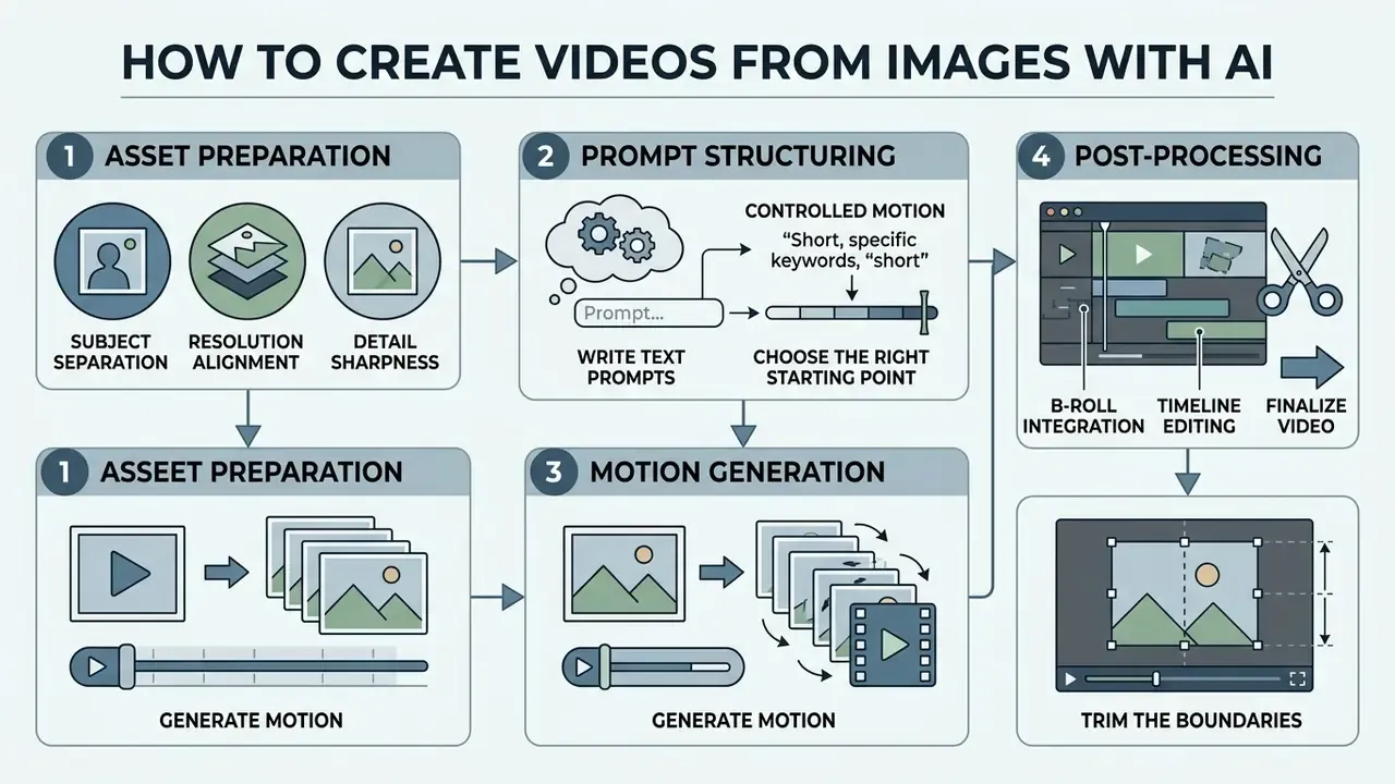 Sequential process diagram outlining steps for transforming static images into video using AI tools