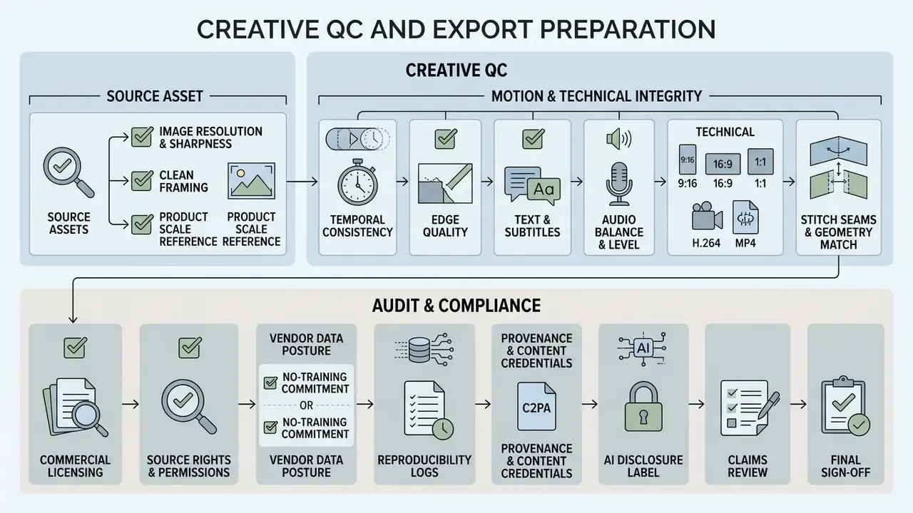Checklist flow for creative quality control and audit compliance covering asset integrity and legal standards