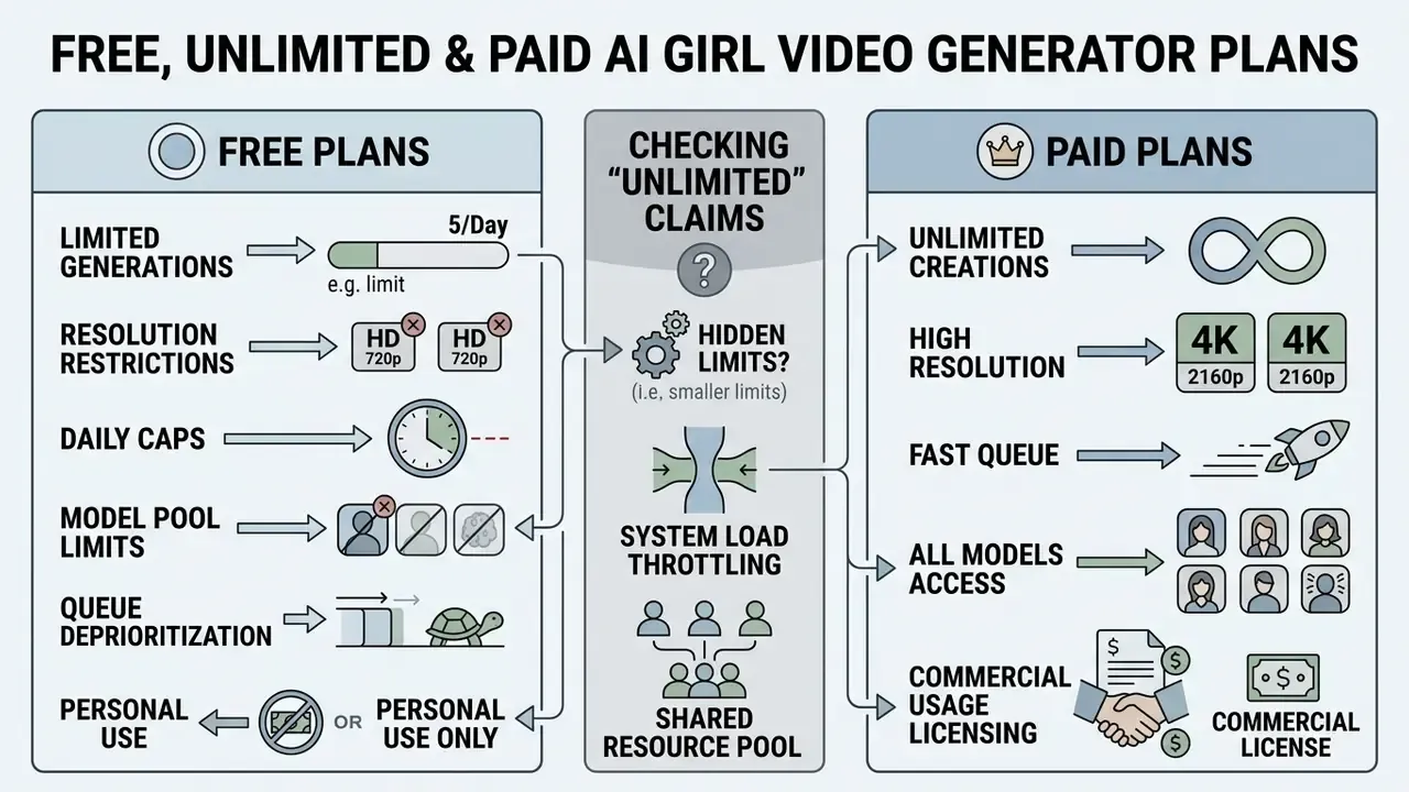 Comparison chart contrasting features and limitations between free and paid video generation subscriptions