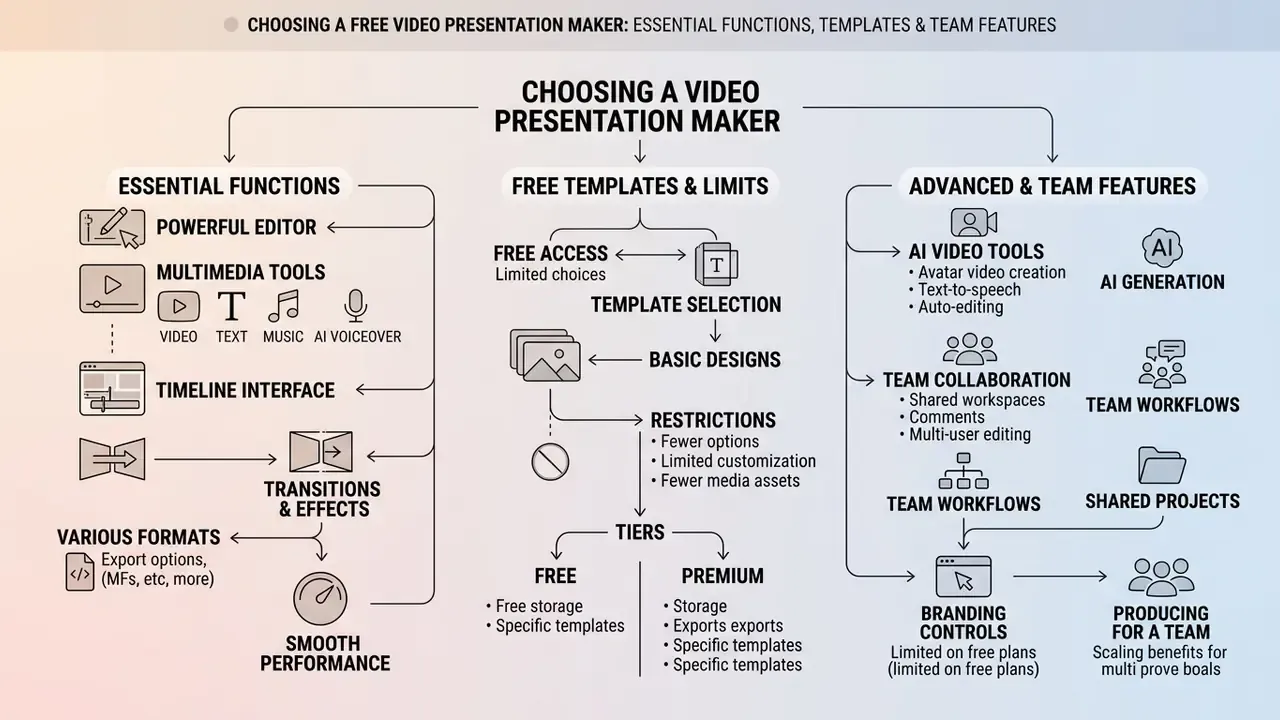 Diagram detailing essential functions, free template limits, and advanced team features for software tools