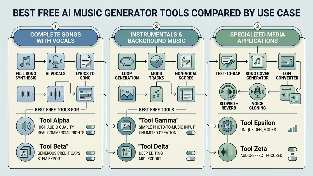 Flowchart categorizing AI music tools by song synthesis, instrumental background, and media applications