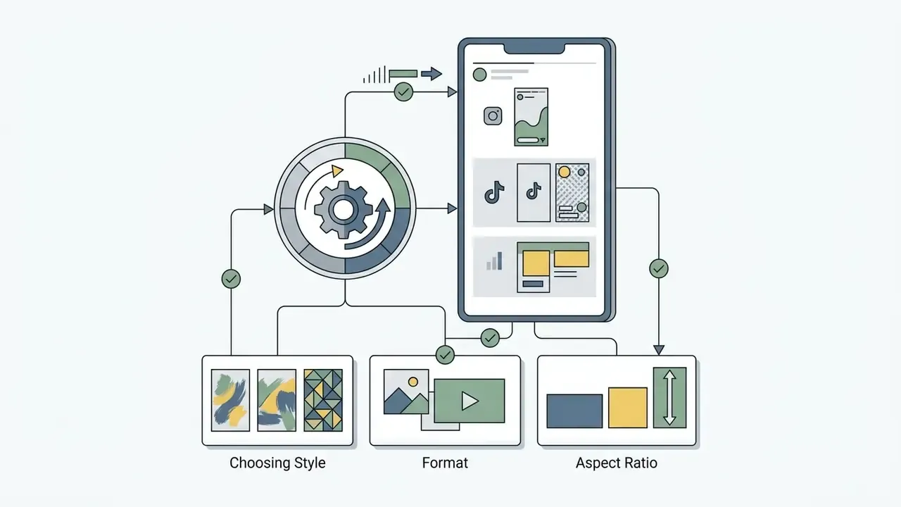 Central gear icon connecting style, format, and aspect ratio inputs to a vertical mobile phone interface