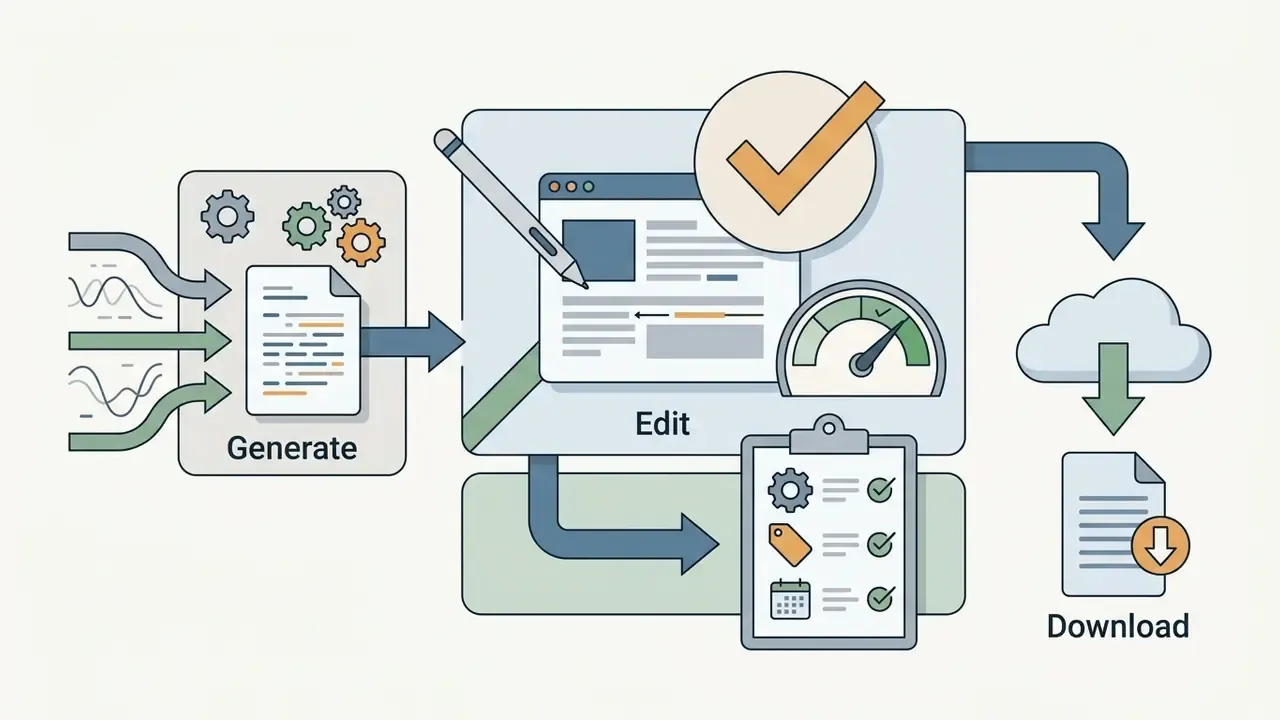 Process flow showing content generation, editing with a dashboard and checklist, and final file download