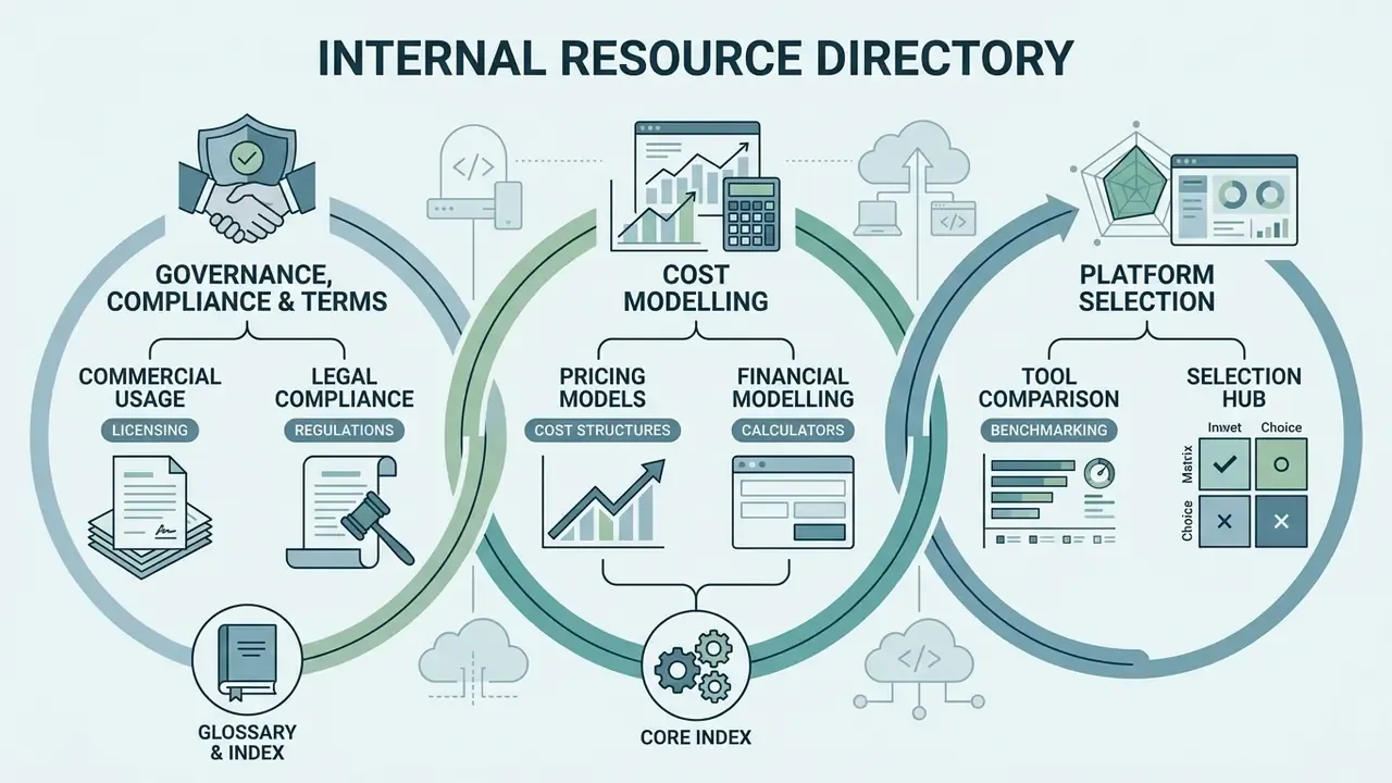 Three interconnected circles detailing governance, cost modelling, and platform selection processes