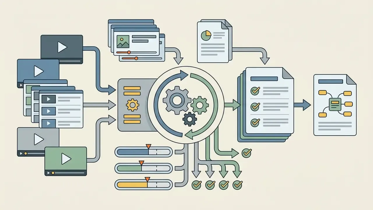 Multiple video and document inputs converging into a gear-driven processing hub to generate reports