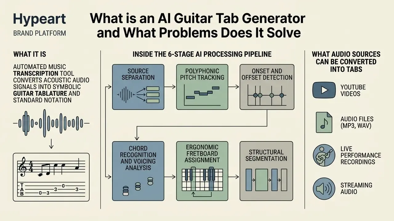 Infographic showing the six stages of an AI guitar tab generator pipeline and compatible audio sources