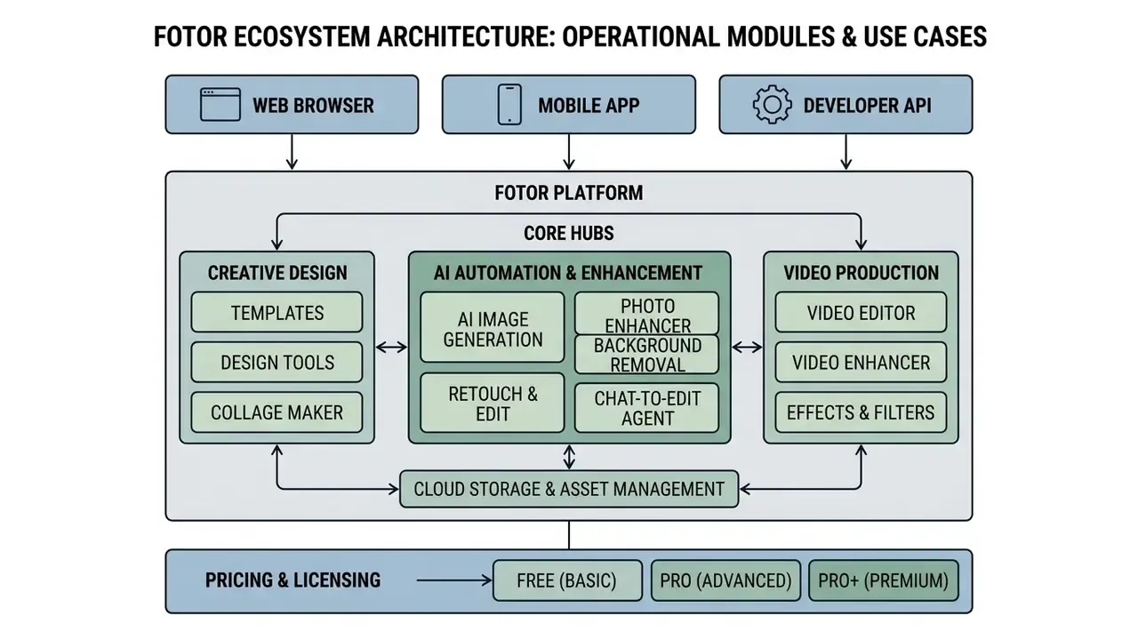 Technical diagram showing the Fotor Photo Editor architecture across web, mobile, and API platforms