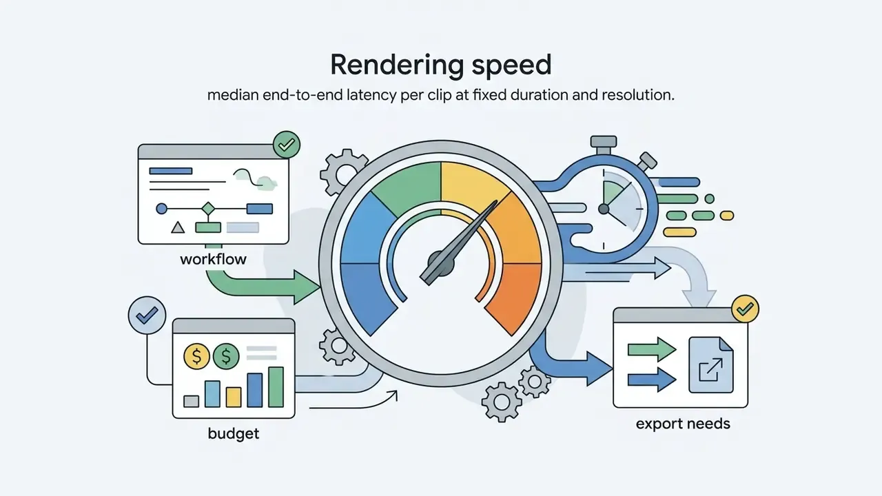 Speedometer graphic linking workflow, budget, and export needs to indicate rendering performance
